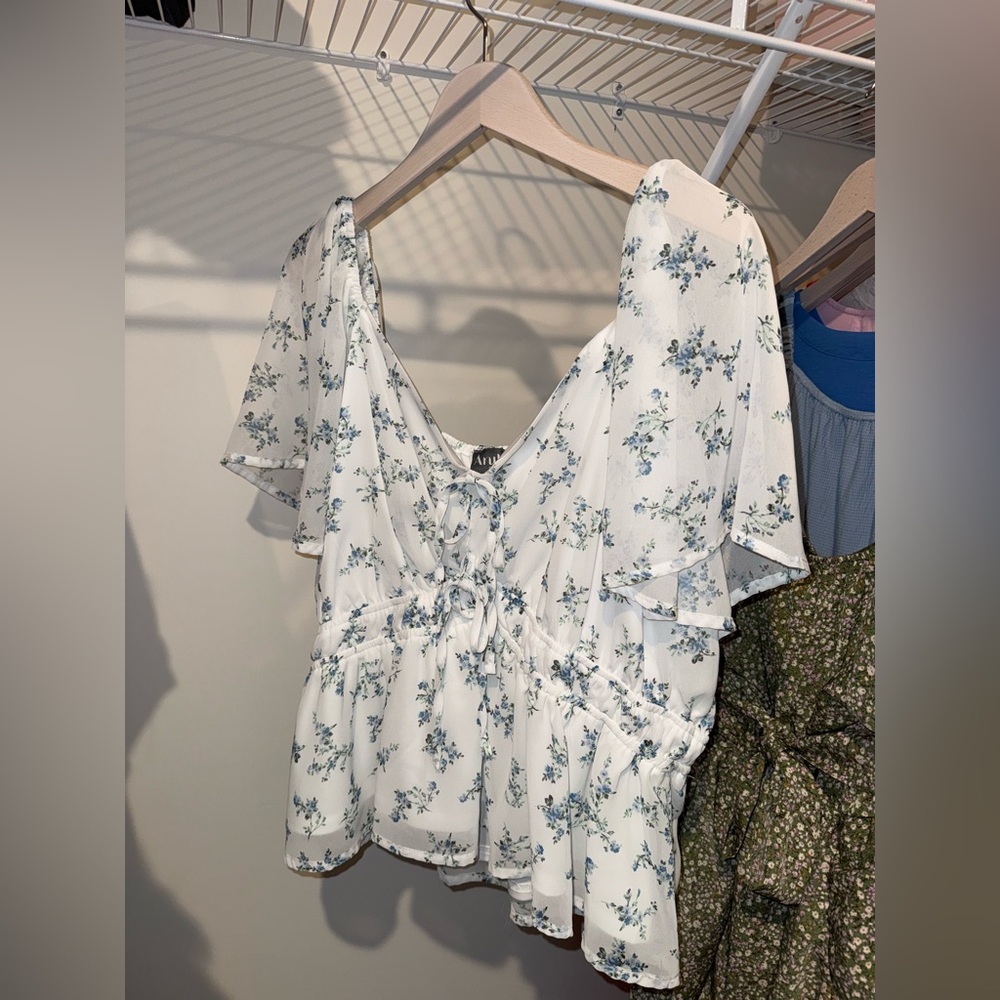 ARULA White and Blue Floral Blouse